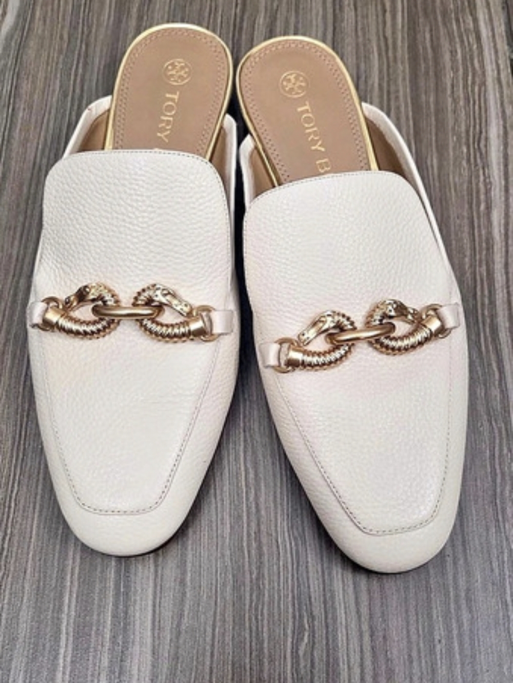 Tory Burch Cream Jessa Loafer Mule Gold Chain Detail